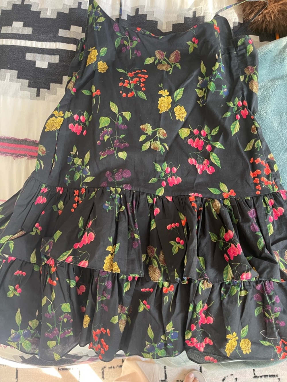 Cara Cara Black Floral Dress with Pink, Green & Yellow Blooms